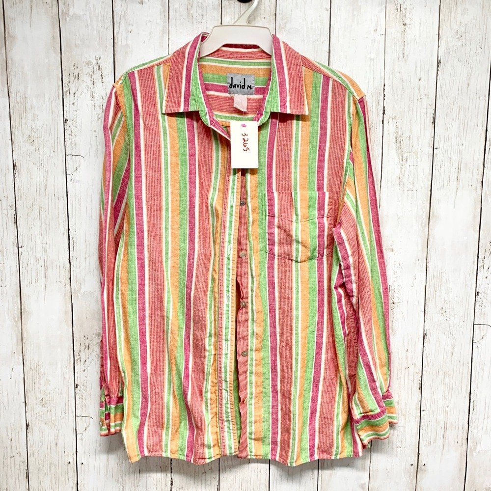 David N. Striped Button Down Shirt‎ Women Sz L Pink Green Orange Multi Linen Mix